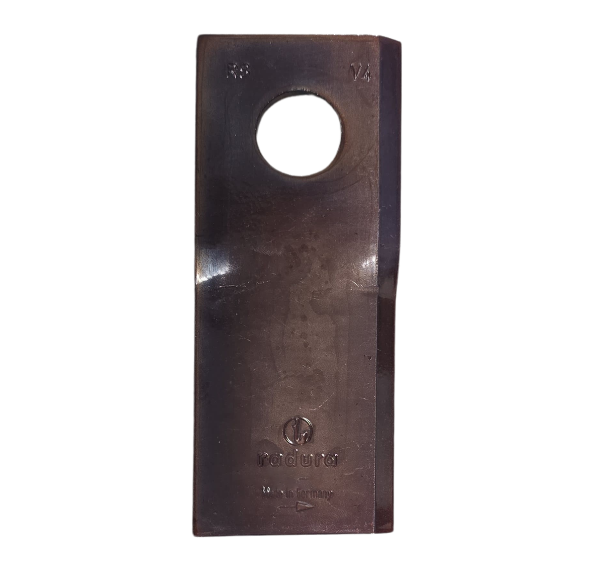 Steel blade with a sharpened edge and mounting hole