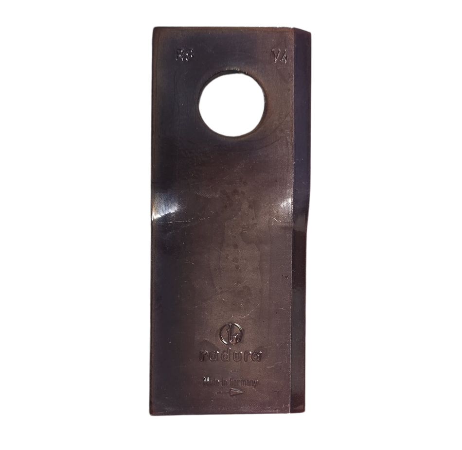 Steel blade with a sharpened edge and mounting hole