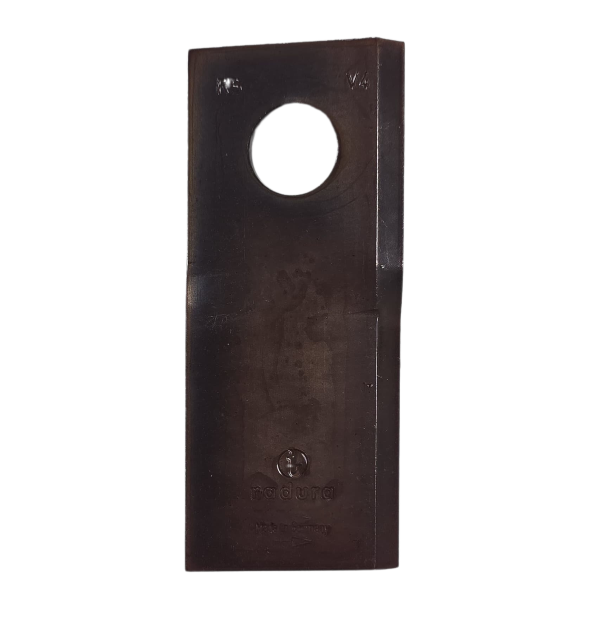 Steel blade with a sharpened edge and mounting hole