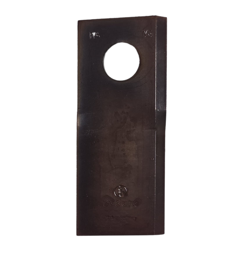Steel blade with a sharpened edge and mounting hole