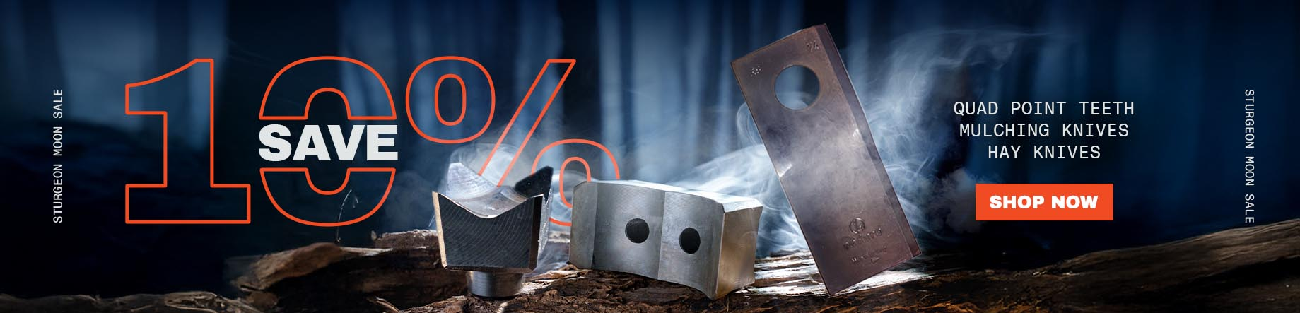 Promotional banner for Hay Knives featuring three metal milking knives on a dark wooden surface with smoke effects and a large orange 'SAVE 10%' text overlay, plus a red 'SHOP NOW' button.